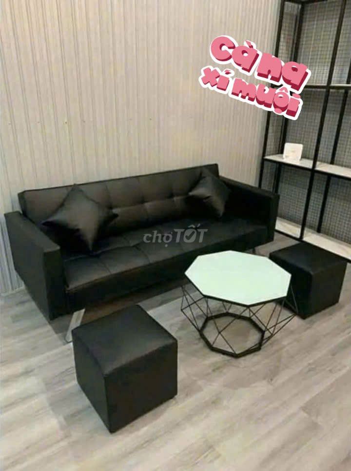 COMBO SOFA BED CÓ TAY ( DA ĐEN ) MỚI 100%