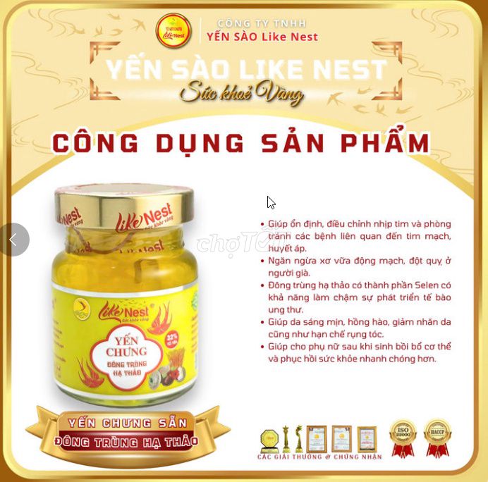 12 hũ Yến chưng đông trùng hạ thảo 70ml Like Nest. Mua bán Đồ ăn, thực phẩm và các loại khác tại Quận Hoàng Mai Hà Nội được đăng bởi Siêu thị Anh Tú 88 hình 1