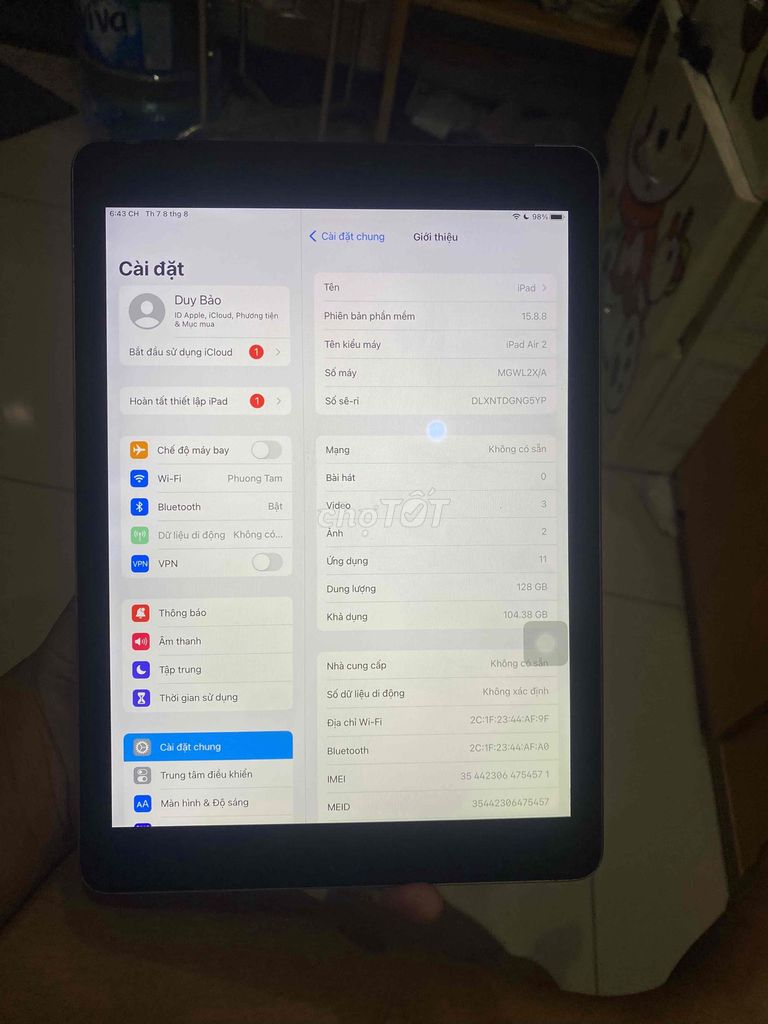 Apple iPad Air 2 128GB Mất vân tay. Mua bán Máy tính bảng tại Thị xã Phú Mỹ Bà Rịa - Vũng Tàu được đăng bởi Bảo Vũ hình 1