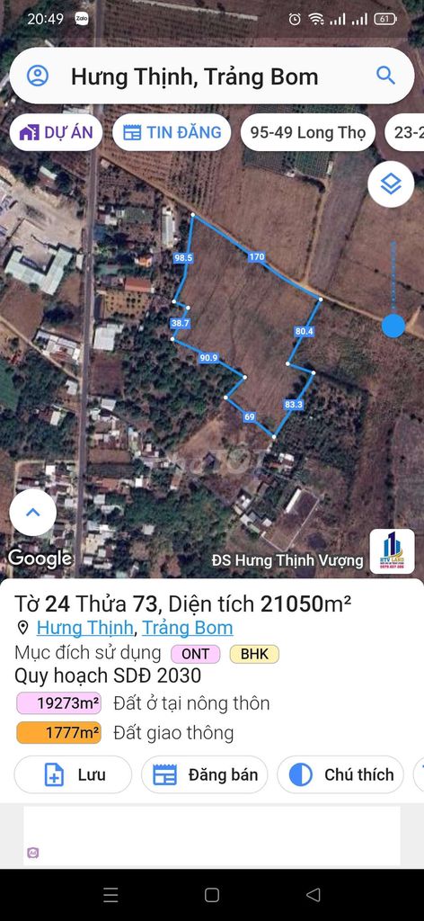 BÁN 2,1HA ĐẤT CÓ 300M2 THỔ CƯ - 170M MẶT TIỀN ĐƯỜNG - QH PHỦ HỒNG !