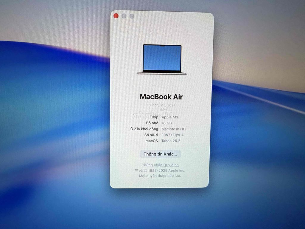 Macbook Air M3, 16GB RAM, SSD 256GB, 14 inch. Mua bán Laptop tại Quận 12 Tp Hồ Chí Minh được đăng bởi Tô Trung Hiếu hình 1