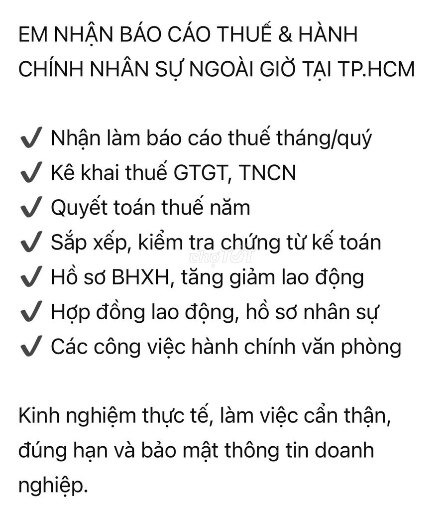 Báo cáo thuế, nhân sự TP.HCM. Dịch vụ tại Quận Bình Thạnh Tp Hồ Chí Minh được đăng bởi TRẦN THỊ NGỌC OANH hình 1