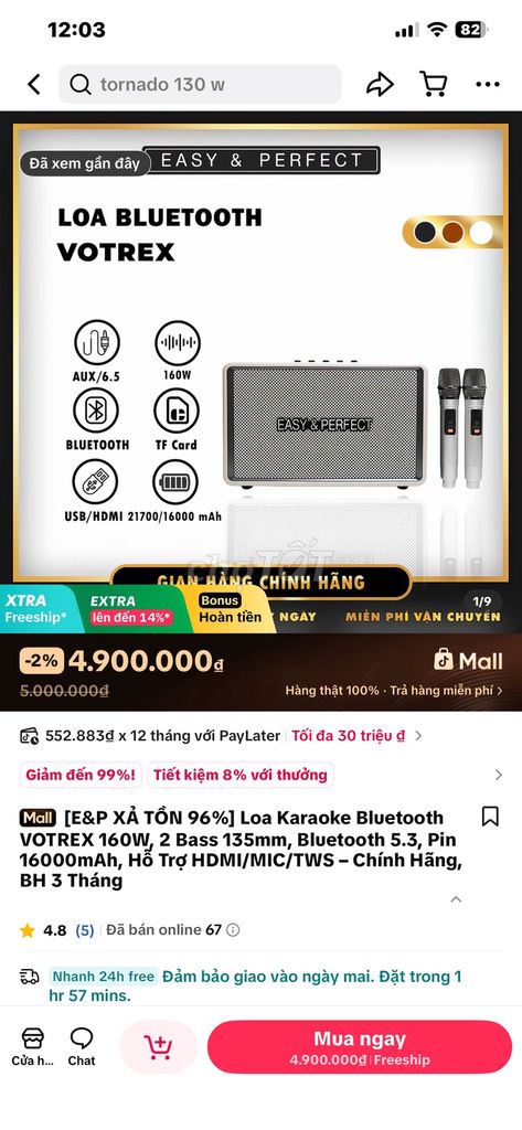 Loa Bluetooth Easy & Perfect Votrex 160W Đen. Mua bán Tivi, Âm thanh tại Huyện Hóc Môn Tp Hồ Chí Minh được đăng bởi Nũn hình 1