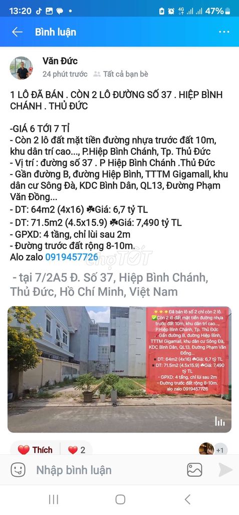 Bán Lô Đất Đường Xe Hơi . Đường Số 37 . Hiệp Bình Chánh . Thủ Đức