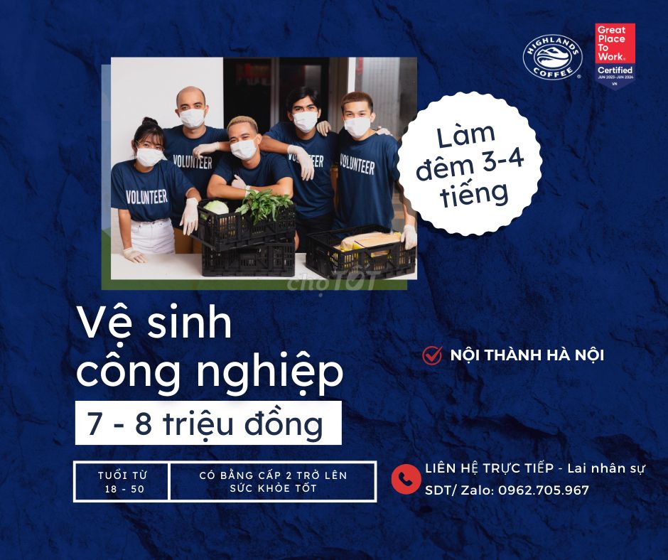 TUYỂN VỆ SINH CÔNG NGHIỆP QUÁN CÀ PHÊ (làm đêm)