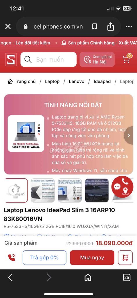 Lenovo IdeaPad Slim 3 AMD R5 16GB/512GB. Mua bán Laptop tại Thành phố Hưng Yên Hưng Yên được đăng bởi Phạm Thùy Linh hình 1