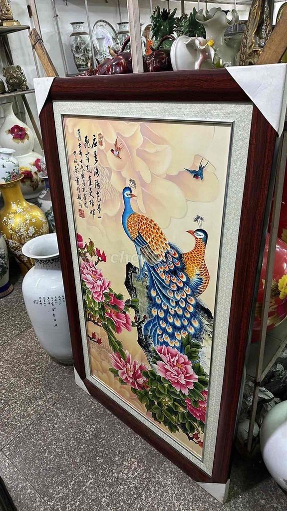 Tranh sứ gỗ chim công mẫu đơn nhiều màu