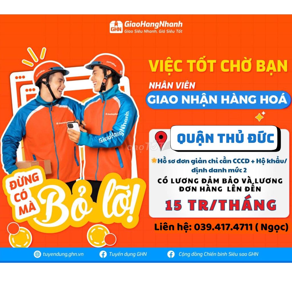 TUYỂN 15 SHIPPER GIAO HÀNG XE MÁY TẠI QUẬN THỦ ĐỨC