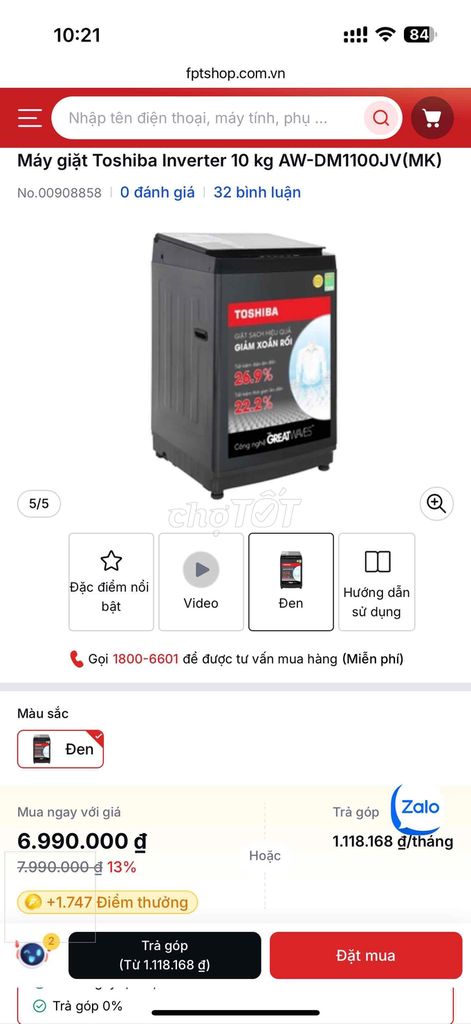 🔥 MÁY GIẶT TOSHIBA INVERTER 10KG AW-DM1100JV MK –