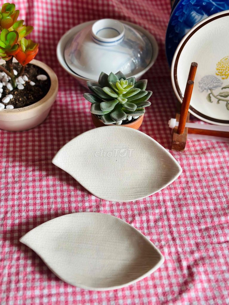 SET ĐĨA CHIẾC LÁ MEN RẠN gốm nhật 2hand