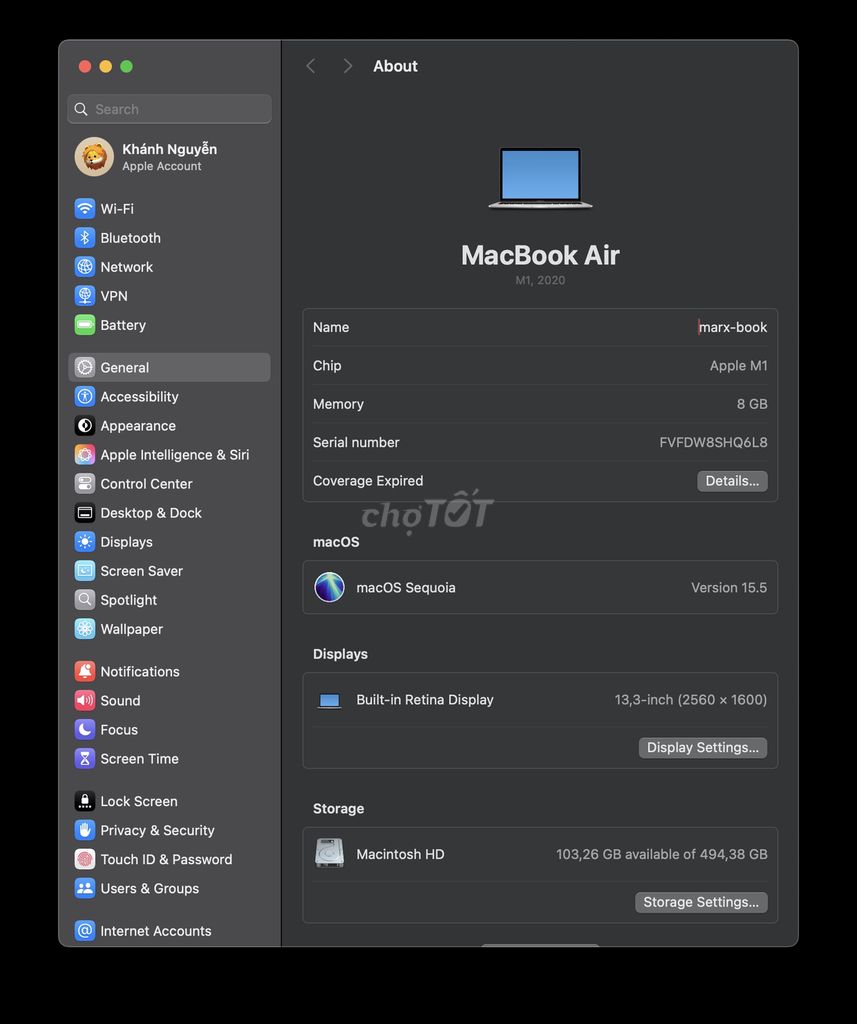 Pass Macbook Air M1 8/512 ngoại hình đẹp, pin 88%
