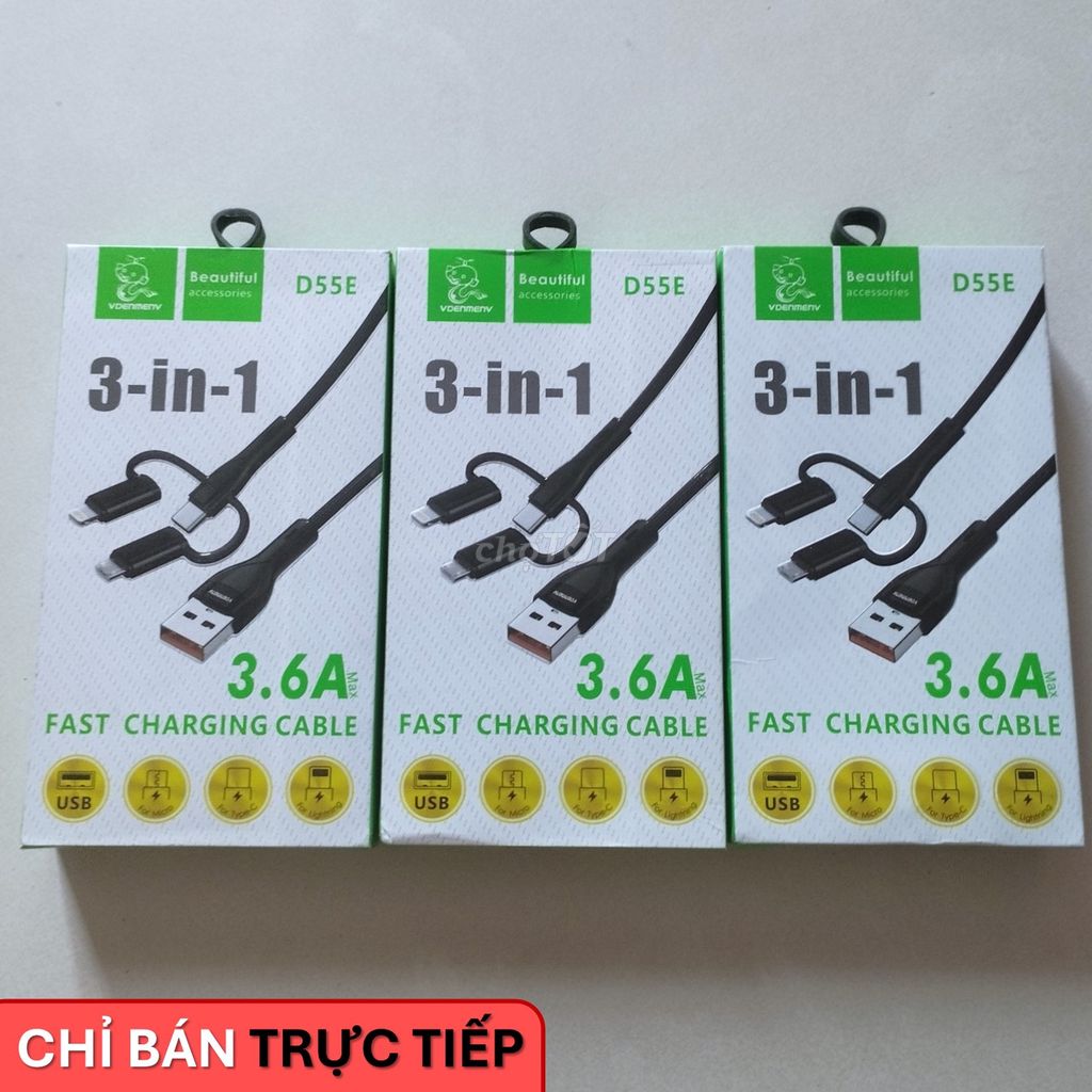 Dây Sạc Nhanh 3.6A 3 trong 1 VDENMENV Như Mới