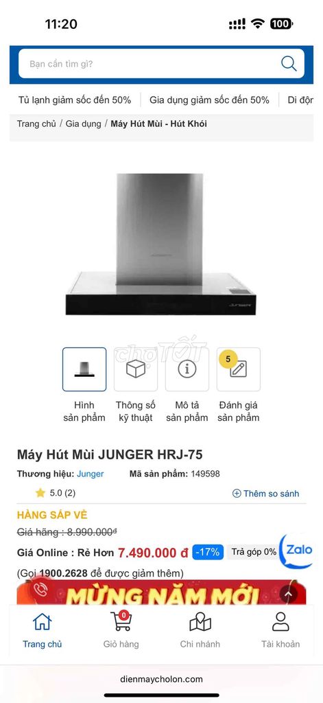 MỚI 100% Máy Hút Mùi JUNGER HRJ-75 204W. Mua bán Bếp, lò, đồ điện nhà bếp tại Quận 6 Tp Hồ Chí Minh được đăng bởi Ni Ni hình 1