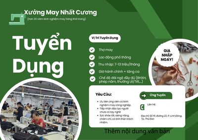 CN MAY - PHỤ MAY - LĐPT KHÔNG CẦN KINH NGHIỆM