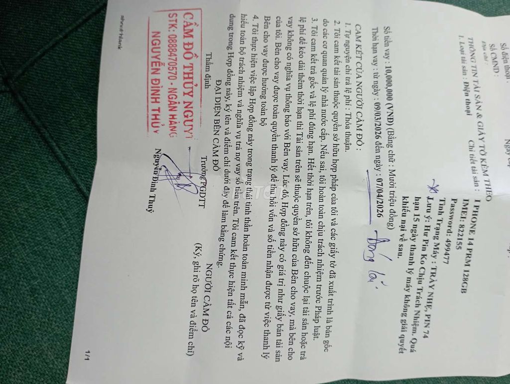 Giấy cầm đồ iPhone 14 Pro Max 128GB. Mua bán Điện thoại tại Huyện Lộc Ninh Bình Phước được đăng bởi Tên chưa cung cấp hình 1