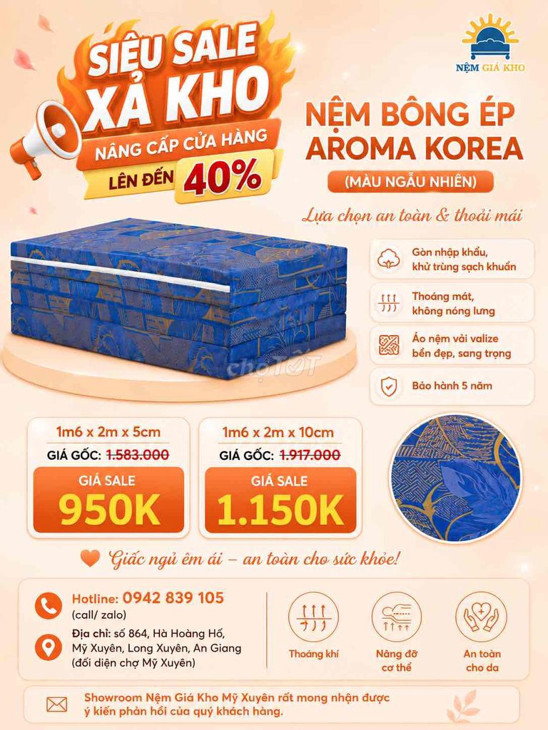 Nệm bông ép Aroma Korea 1m6x2mx5cm Vải valize. Mua bán Giường, chăn ga gối nệm tại Thành phố Long Xuyên An Giang được đăng bởi Nệm Giá Kho Mỹ Xuyên hình 1