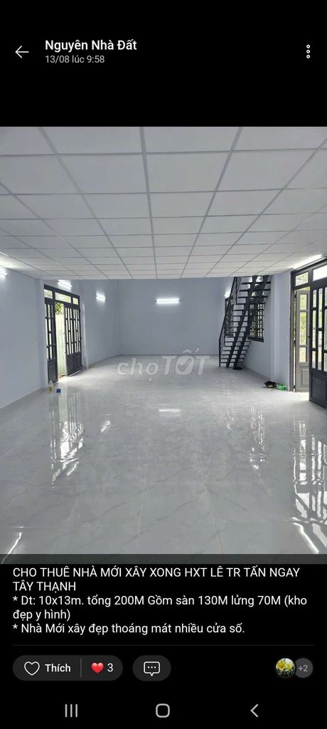 CHO THUÊ NHÀ 10X15M Y HÌNH HXT LÊ TRỌNG TẤN