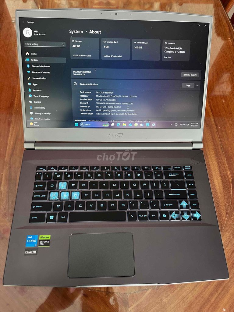 MSI Thin15/ i5-12450H 15in 144hz 16GB/512G đẹp 99%. Mua bán Laptop tại Huyện Thoại Sơn An Giang được đăng bởi Foryou Mobile hình 1