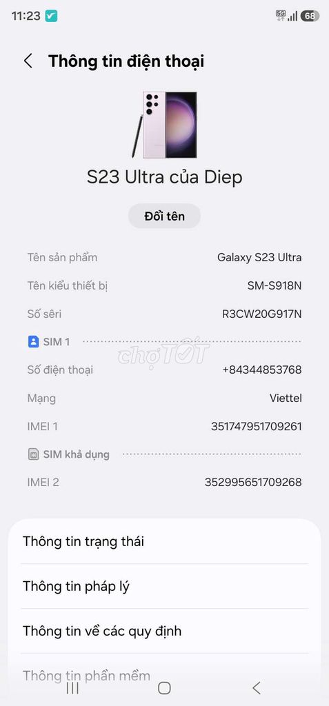 Samsung Galaxy S23 Ultra Như mới. Mua bán Điện thoại tại Thị xã Từ Sơn Bắc Ninh được đăng bởi Tuấn diep hình 1