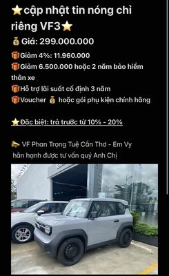 Vf3 trả trước 65tr giao ngay, lãi suất thấp 0.57%. Mua bán Ô tô tại Quận Bình Thuỷ Cần Thơ được đăng bởi Cần Thơ Auto