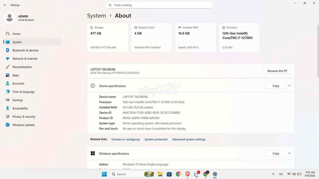 Asus TUF Gaming F15 i7-12700H 16GB/477GB. Mua bán Laptop tại Quận Thanh Xuân Hà Nội được đăng bởi Chi Chii hình 1