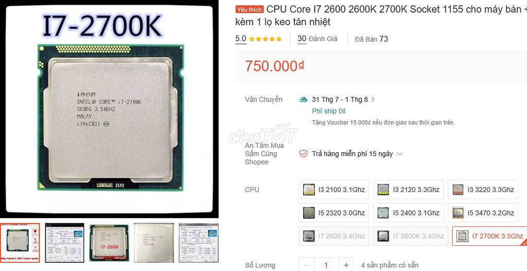 CPU I7 2700/3770 dùng cho main H61, B75 Sk 1155. Mua bán Linh kiện (RAM, Card...) tại Quận Sơn Trà Đà Nẵng được đăng bởi THANH TAM hình 1