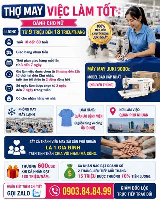 TẶNG MÁY Juki Nhật 100%,tuổi < 60,làm tại nhà&Cty