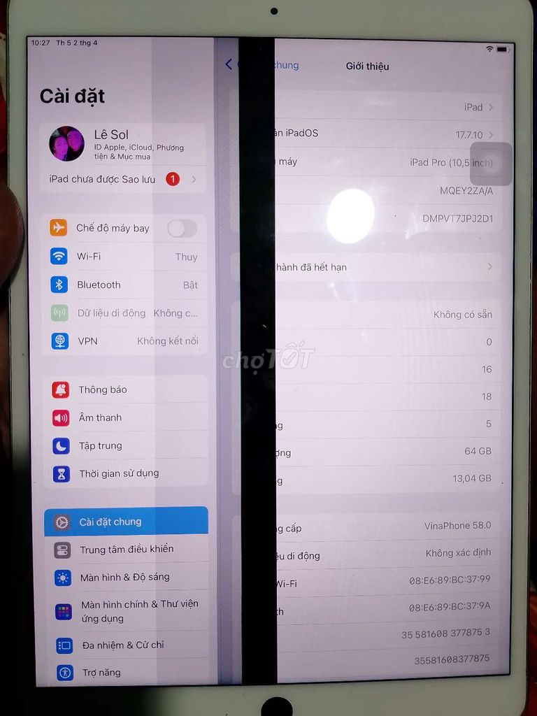 Apple iPad Pro 10.5 inch 64GB Sọc màn. Mua bán Máy tính bảng tại Huyện An Minh Kiên Giang được đăng bởi Sol Lê hình 1