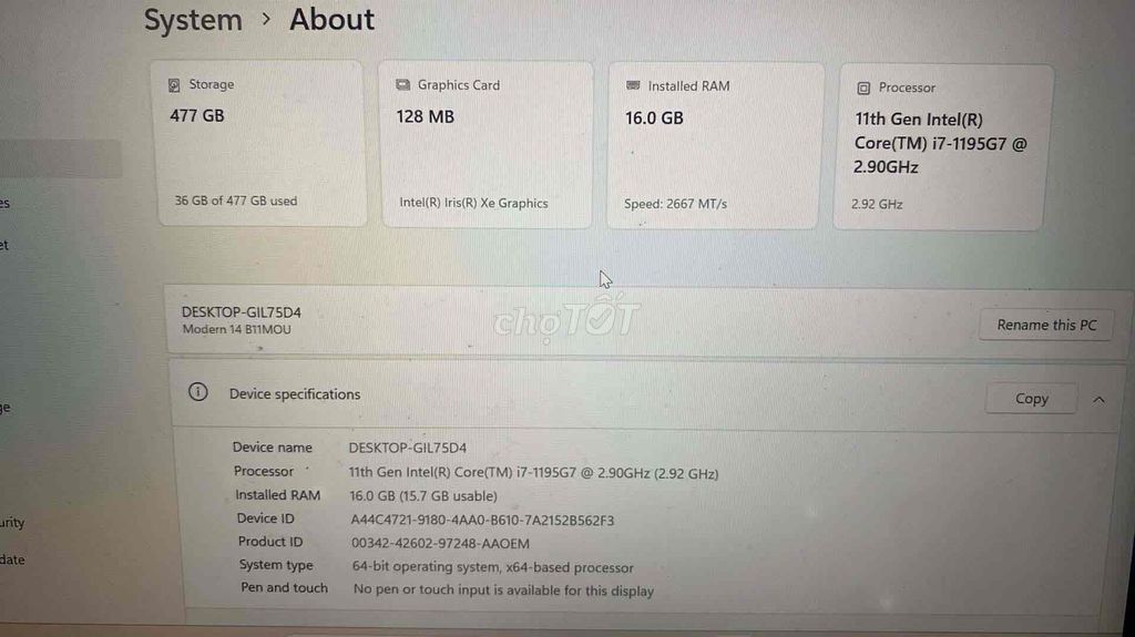 MSI Modern 14 i7-1195G7 16GB/512GB. Mua bán Laptop tại Quận Ngũ Hành Sơn Đà Nẵng được đăng bởi Nguyen Hien hình 1