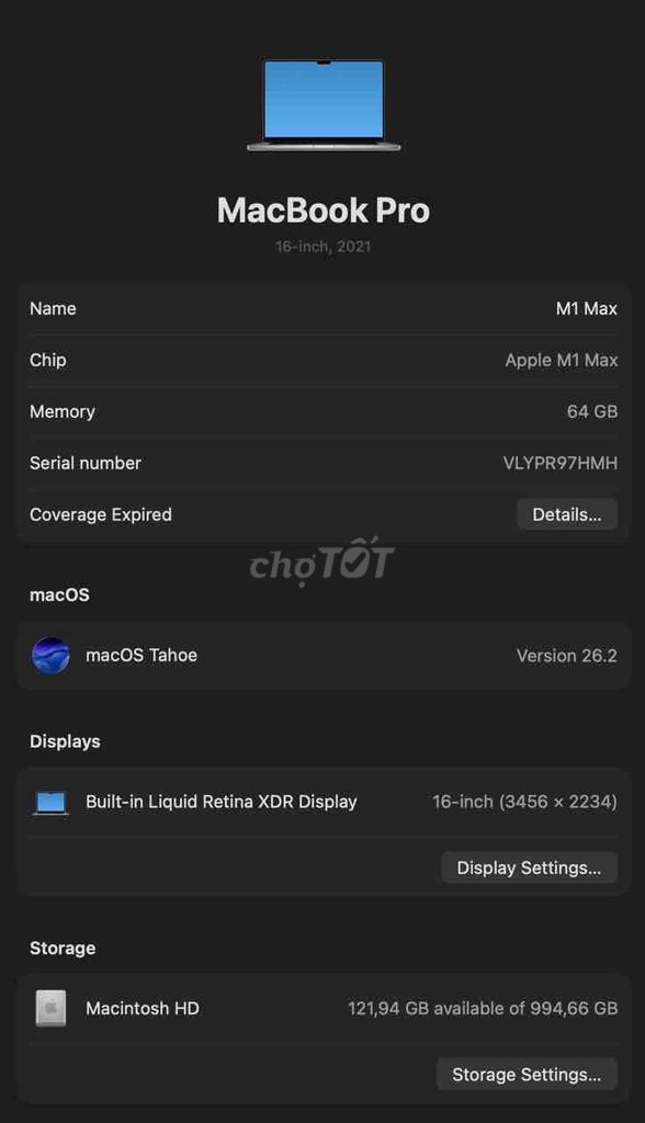 Apple MacBook Pro M1 Max 16 inch 64GB/1TB. Mua bán Laptop tại Quận Tân Phú Tp Hồ Chí Minh được đăng bởi Hoang Linh hình 1