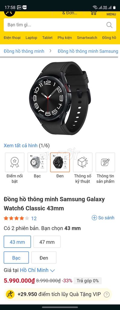 Samsung galaxy Watch6 classic 43mm Bluetooth (Đen)