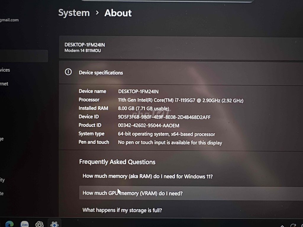 Laptop MSI Modern 14 B11MOU i7 8GB/512GB Đen. Mua bán Laptop tại Thành phố Thuận An Bình Dương được đăng bởi Csfsc hình 1