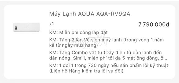 Máy lạnh Aqua còn BH, tặng 10m ống đồng 1.5tr