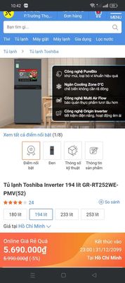 Tủ lạnh Toshiba Inverter 194 lít GR-RT252WE-PMV