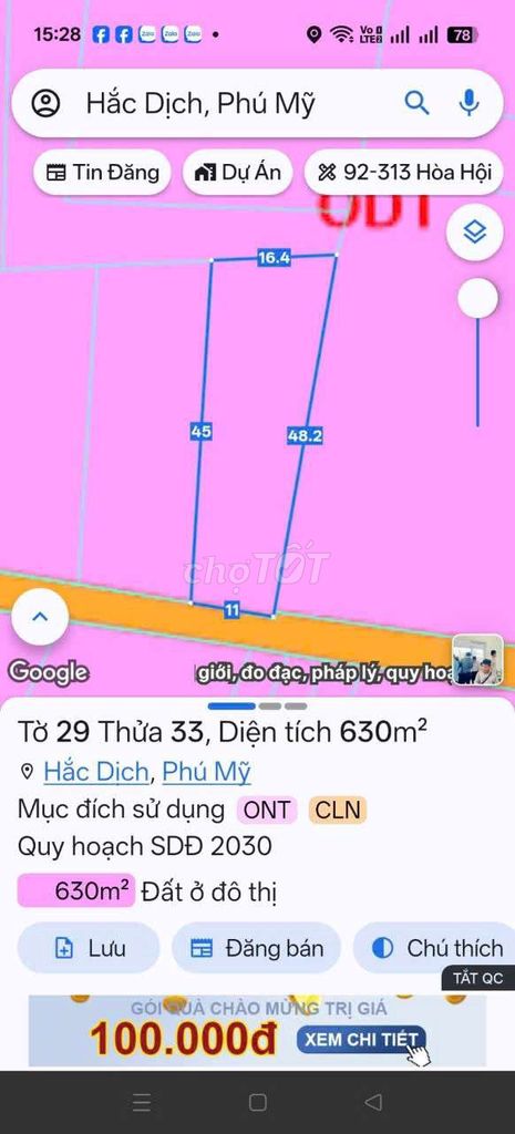 Chủ ngộp bank bán cắt lỗ lô đất ngay thi xã Phú Mỹ,dt 630m2, giá 2.5ti