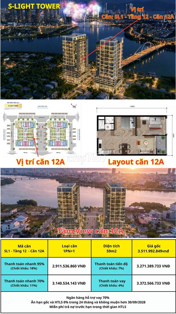 CĂN 2PN/59M2 TẦNG 12 GIÁ TỪ 2.991 TỶ - HÒA XUÂN - CĂN HỘ S-LIGHT TOWER