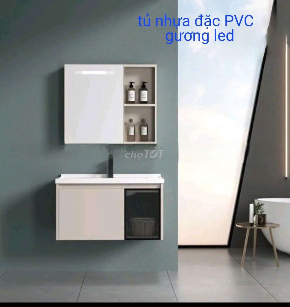 BỘ TỦ LAVABO NHỰA ĐẶC PVC KÈM TỦ GƯƠNG  ĐÈN LED