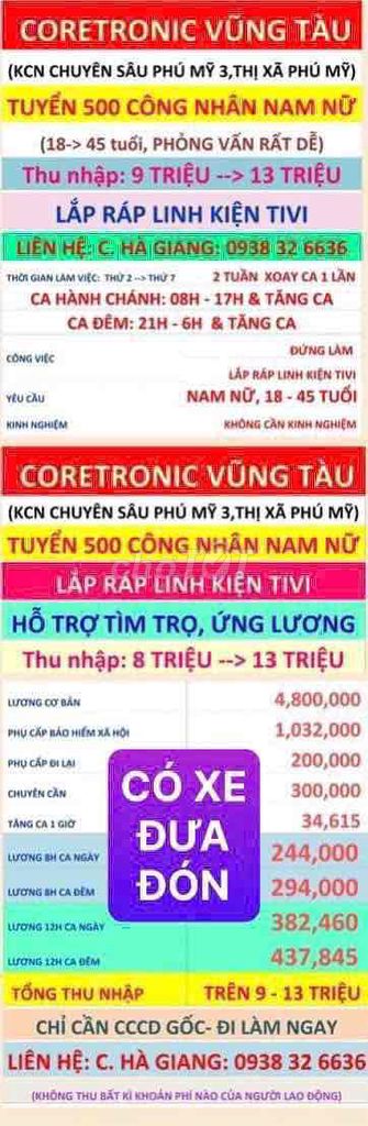 🔴 CORETRONIC: TUYỂN NAM NỮ SX ĐIỆN TỬ- LƯƠNG CAO