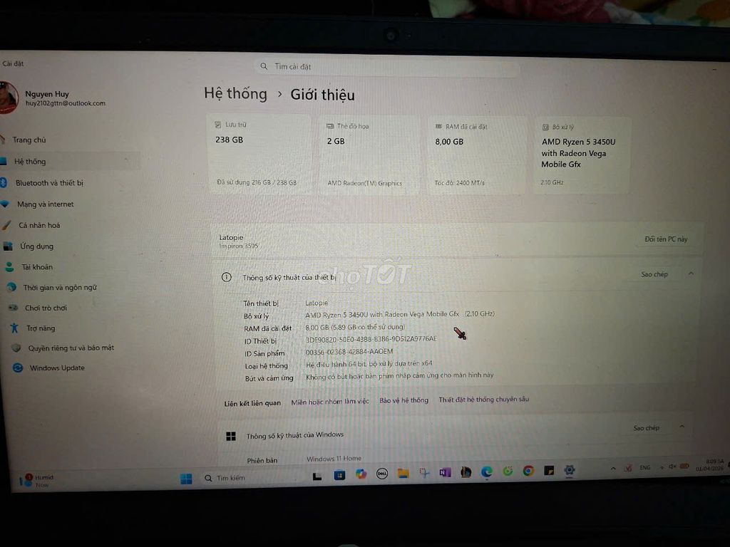 Bán rẻ Dell Inspiron 3595 8GB/256GB. Mua bán Laptop tại Quận Hoàng Mai Hà Nội được đăng bởi B.I hình 1