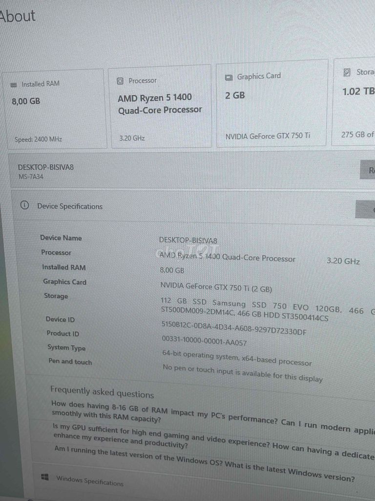Máy tính để bàn AMD Ryzen 5 1400. Mua bán Máy tính để bàn tại Huyện Hòa Thành Tây Ninh được đăng bởi Thành Tài hình 1