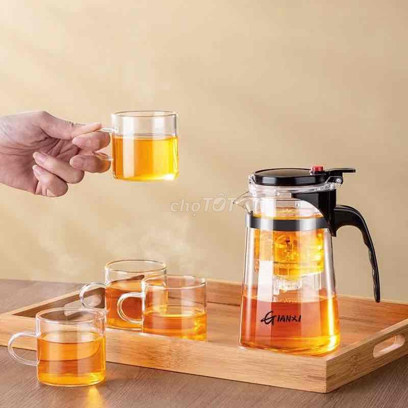 Bộ ấm lọc trà thủy tinh chịu nhiệt 1000ml kèm 4 cố