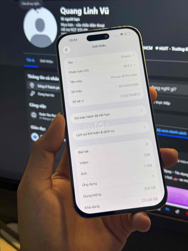 iPhone 16 Pro Max 256GB Trắng 89%. Mua bán Điện thoại tại Huyện Nhà Bè Tp Hồ Chí Minh được đăng bởi Vũ Quang Linh hình 1