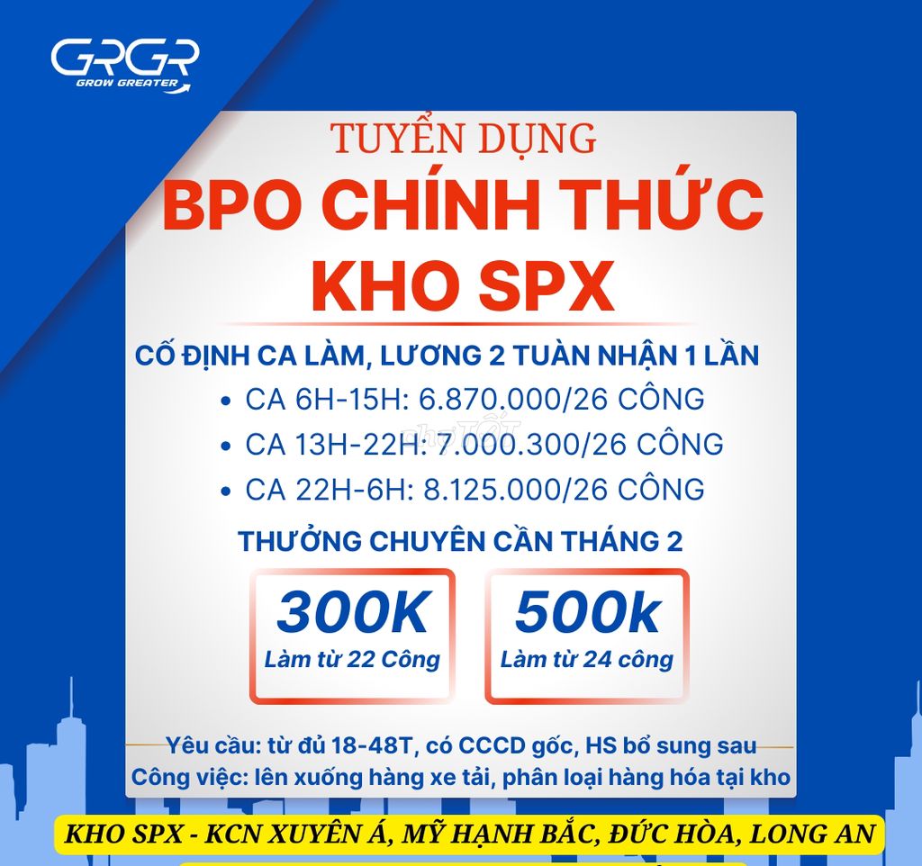 GRGR TUYỂN BPO CHÍNH THỨC LƯƠNG NHẬN T5 HÀNG TUẦN