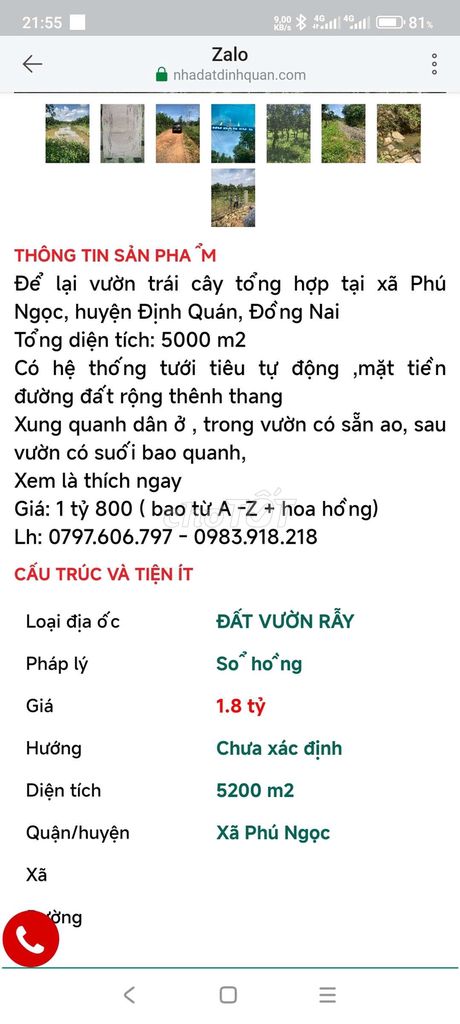 Đất vườn trái cây tại xã Phú Ngọc huyện Định Quán 5200m² giá 1tỷ 8 .