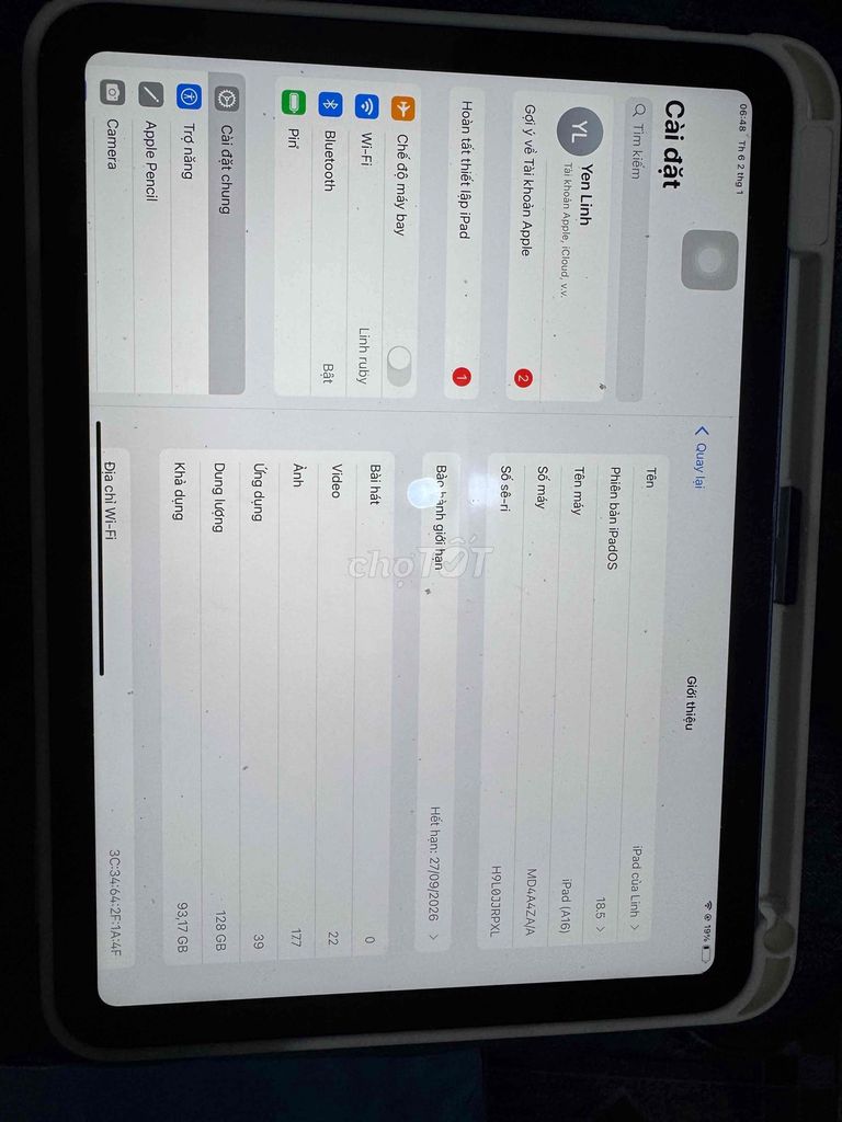 iPad A16 128GB Xám. Mua bán Máy tính bảng tại Huyện Xuyên Mộc Bà Rịa - Vũng Tàu được đăng bởi Lyn Lyn hình 1