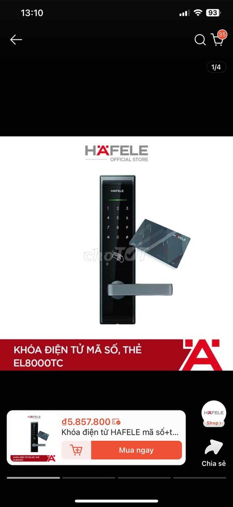 Khóa điện tử HEFELE mã số + thẻ EL 8000 TC/912 05