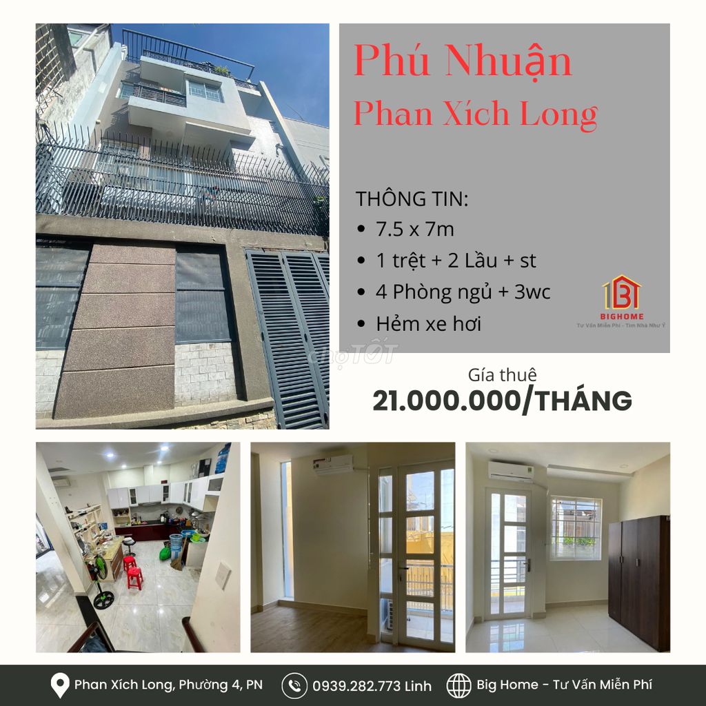 Nhà hẻm xe hơi Phan Xích Long, p4, Phú Nhuận: 7.5x7m- 3Lầu