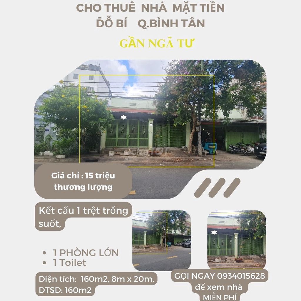 CỰC SỐC-Cho thuê nhà Mặt Tiền Đỗ Bí 160m2, 15Triệu - NGANG 8M