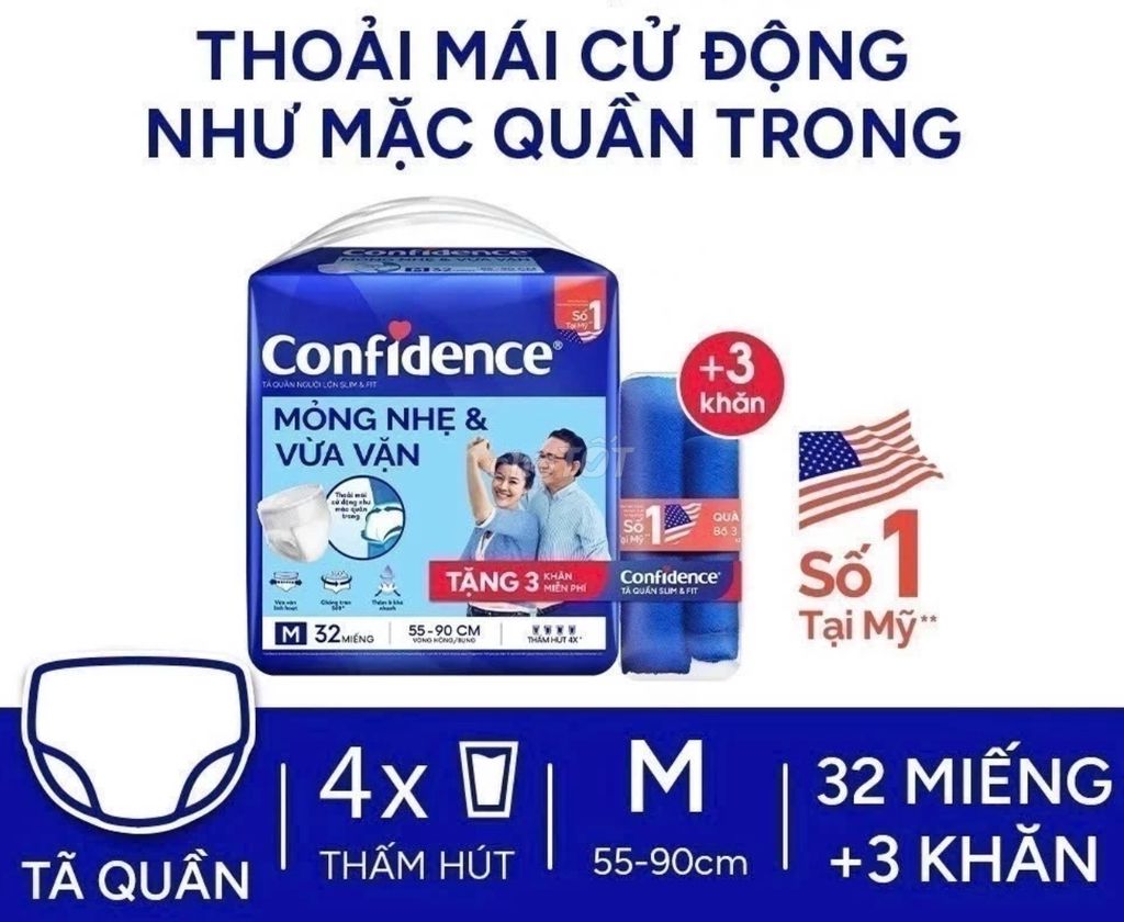 Tã quần người lớn Confidence size M 32 TẶNG 3 KHĂN