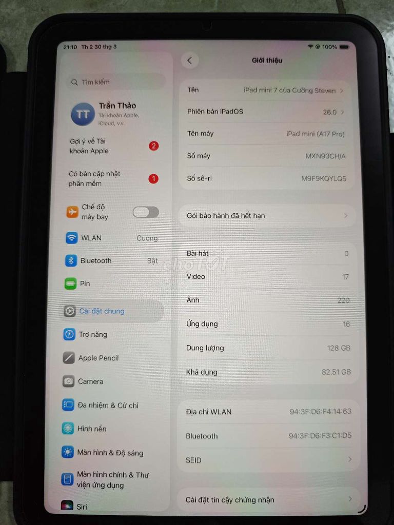Apple iPad mini 7 tím Wifi 128GB  99%. Mua bán Máy tính bảng tại Huyện Đan Phượng Hà Nội được đăng bởi Cường Steven hình 1